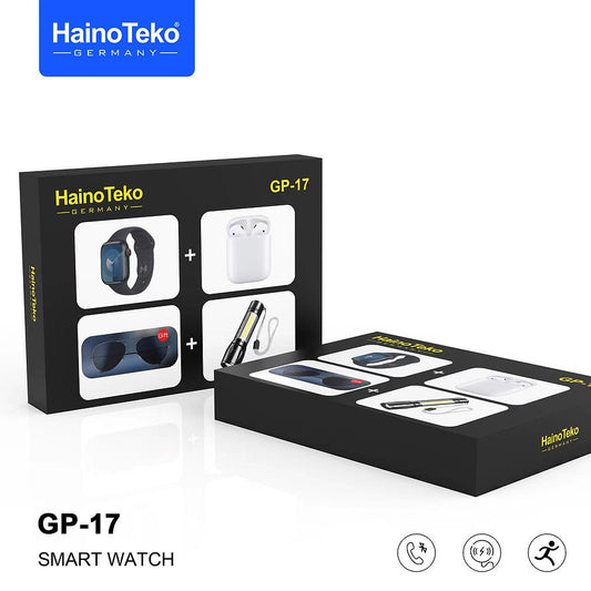 Haino Teko GP-17 Gift Set (Smart Watch with 2 Straps, Earbuds, Glasses & High Beam Torch)